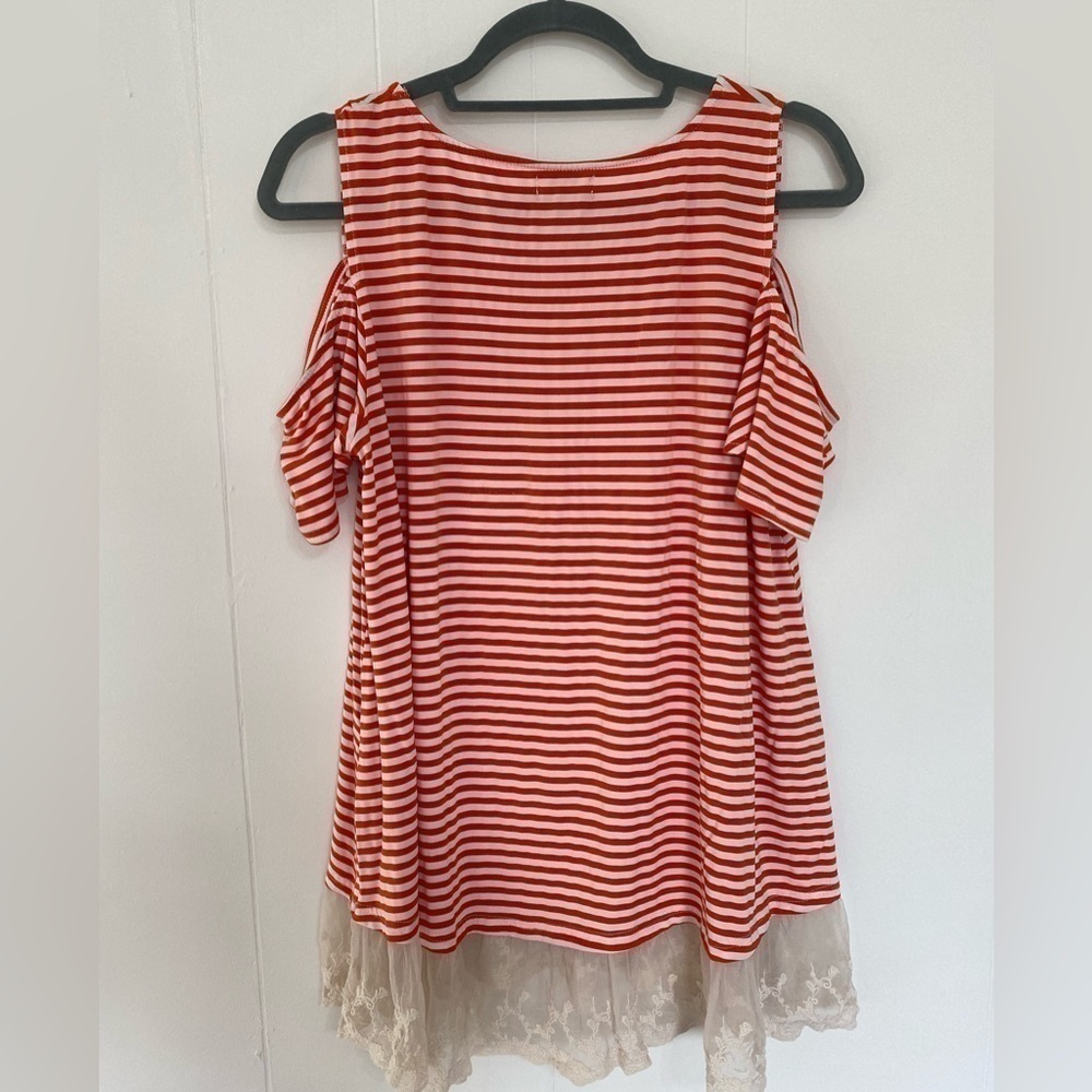 Umgee Womens Scoop Neck Cold Shoulder Sleeve Pink & White Stripe Top Wit… - Picture 5 of 6
